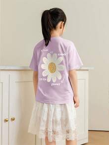 女童和青少年学生休闲印花紫色圆领短袖T恤，夏季上衣 - 紫色 - 查看 2