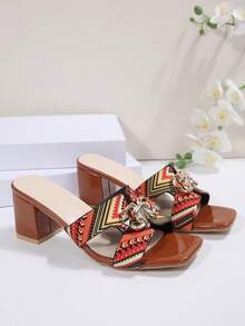 女士热带印花套脚高跟凉鞋，方头，沙滩装，春夏秋季 - 棕色 - 查看 6