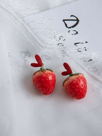1 par de pendientes de borla con diseño de fresa dulce y linda, pendientes de botón con diseño de fruta de dibujos animados para niñas