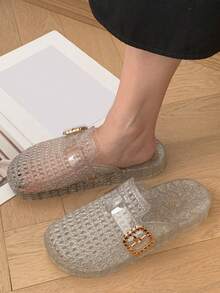 Damtofflor i transparent PVC, platta, trendiga och nya sommartofflor - Vitt - Visa 10
