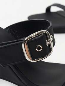 2026 女士黑色方头坡跟厚底凉鞋，金属扣露趾绑带百搭女士凉鞋 - 黑色 - 查看 8