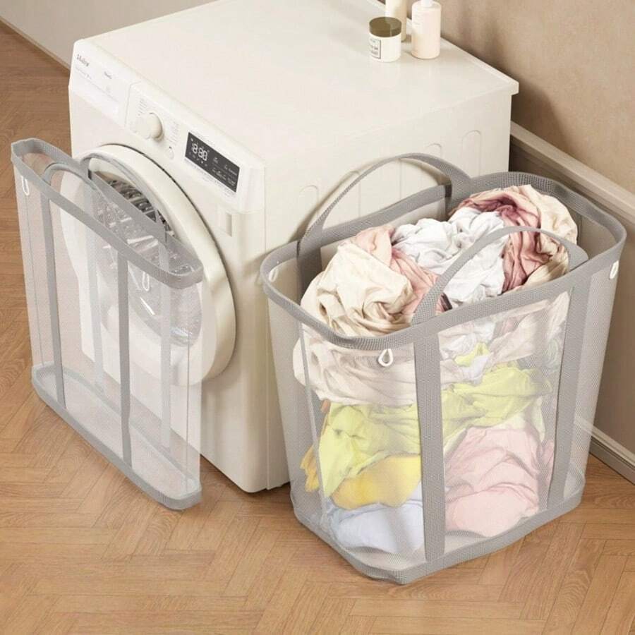 多功能可折叠网状洗衣篮，带提手 - 便携式收纳袋，节省空间，适用于衣物收纳，居家、洗衣房、浴室、房间、宿舍、旅行 - 长方形，洗衣房配件
