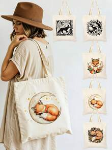 Retro Style Forest Themed Foldable Canvas Tote Bag, Cute Fox, Mushroom, Flower, Star & Moon Pattern Printed Canvas Shoulder Bag Tote Bag Storage Bag, Multifunctional Fashion Travel Shopping Handbag, Large Capacity Tote Bag Luggage Bag, Suitable For Men & Women Hiking Travel Leisure, Gift Idea, Back To School/Graduation Gift Travel Bag Duffle Bag Overnight Bag Durable Travel Organizer Cruise Essential Vacation Essentials For Men Women Travel Essential Holiday Essential Travel Must Haves - Beige - View 1