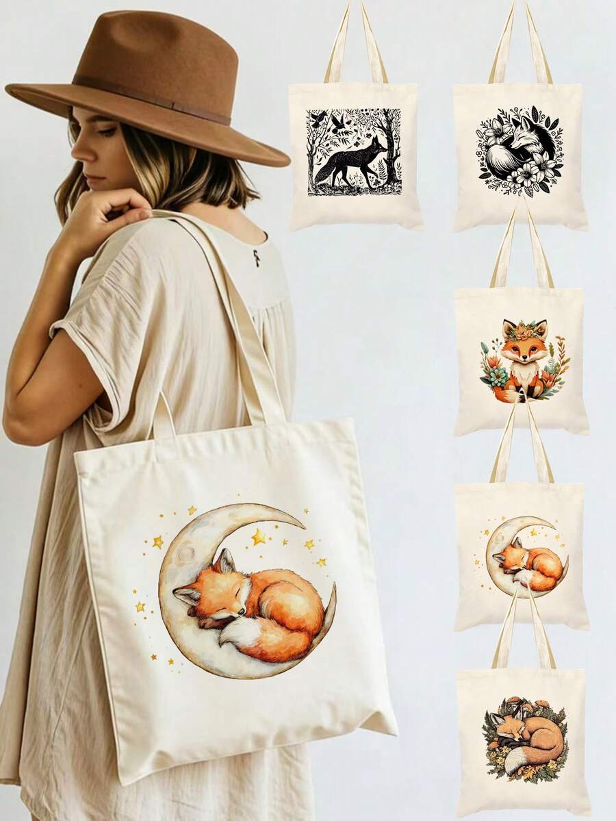 Retro Style Forest Themed Foldable Canvas Tote Bag, Cute Fox, Mushroom, Flower, Star & Moon Pattern Printed Canvas Shoulder Bag Tote Bag Storage Bag, Multifunctional Fashion Travel Shopping Handbag, Large Capacity Tote Bag Luggage Bag, Suitable For Men & Women Hiking Travel Leisure, Gift Idea, Back To School/Graduation Gift Travel Bag Duffle Bag Overnight Bag Durable Travel Organizer Cruise Essential Vacation Essentials For Men Women Travel Essential Holiday Essential Travel Must Haves - Beige - View 1