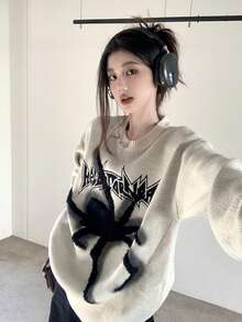 Spider Letter Pattern Loose Fit Crew Neck Long Sleeve Sweater, Autumn/Winter