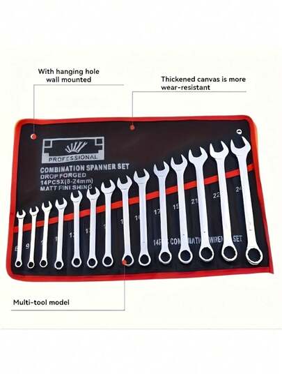 1 Set Of 14-Pocket Double-Sided Wrench Tool Storage Bag - Durable Material, Suitable For Garage, Basement Tool Library, Industrial Tool Storage | Minimalist Tool Box, Sturdy Construction, Tool Box Accessories