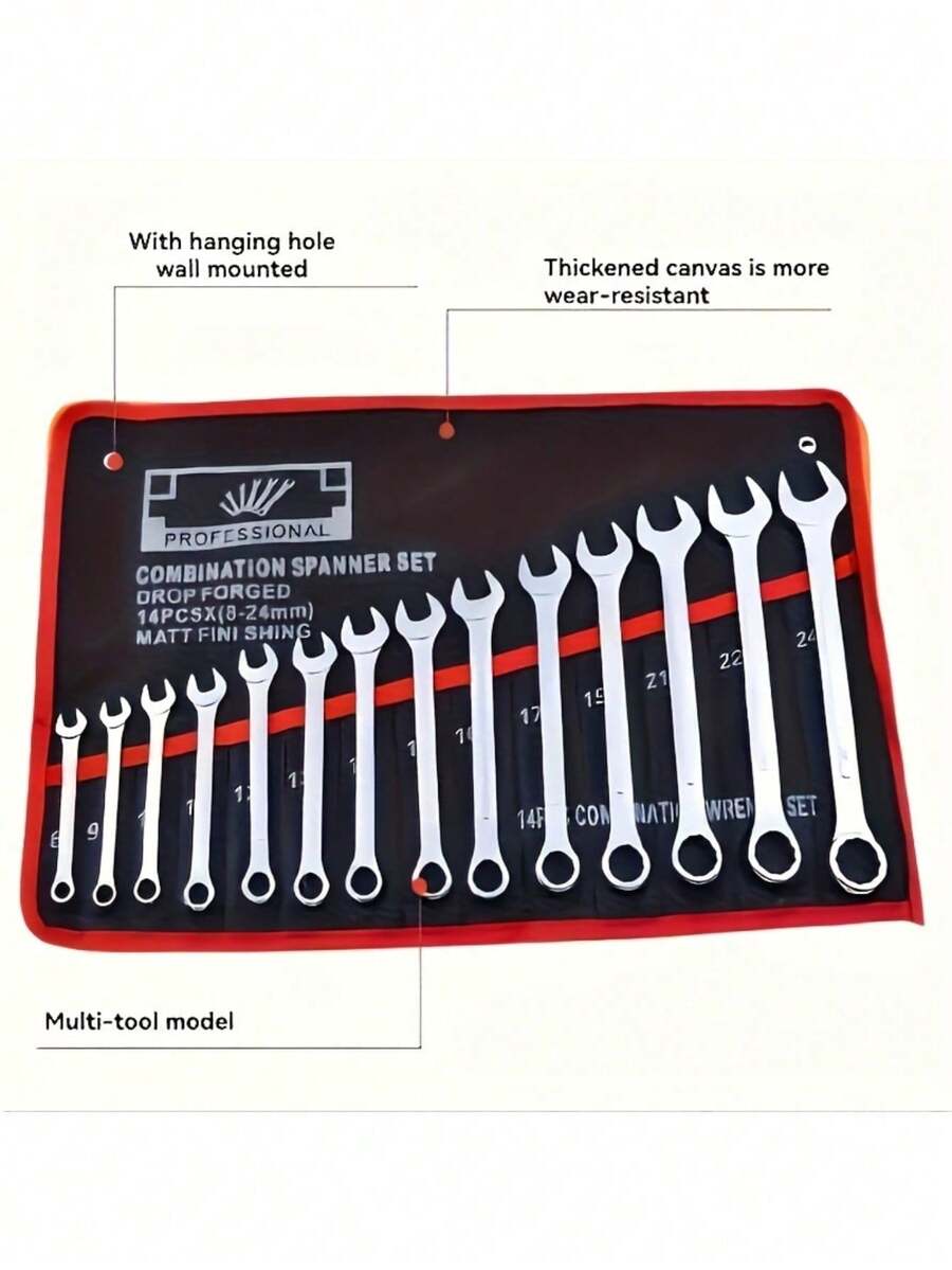 一套14口袋双面扳手工具收纳袋 - 耐用材质，适用于车库、地下室工具间、工业工具收纳 | 简约工具箱，结构坚固，工具箱配件（不含扳手）