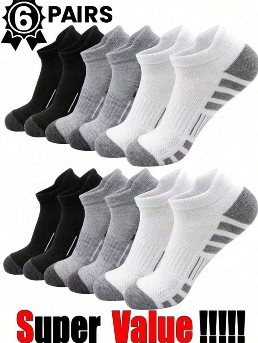 6 Pairs Men's Fashionable High-Quality Low-Cut Ankle Socks, Mesh Breathable Multifunctional Casual Basketball Sports Boat Socks