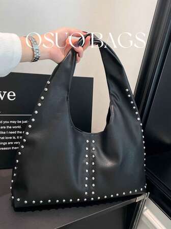Women's Vintage Large Capacity Handbag, Casual Shoulder Bag With Rivet Decor, Suitable For Daily Use, Commuting, Shopping, Outing