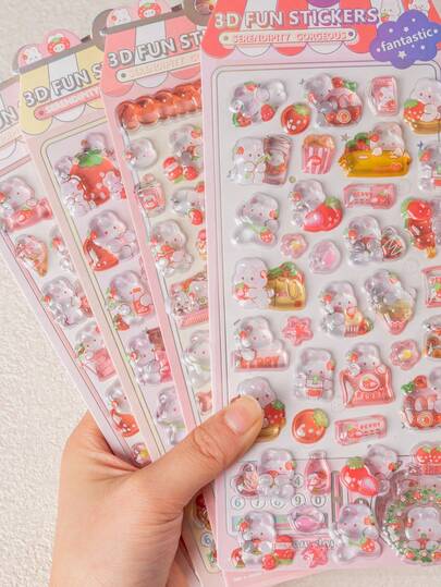 这些防水贴纸以可爱的粉色兔子为主题，带有凸起的透明动物图案。它们非常适合装饰您的智能手机壳或笔记本。建议6岁及以上儿童使用。