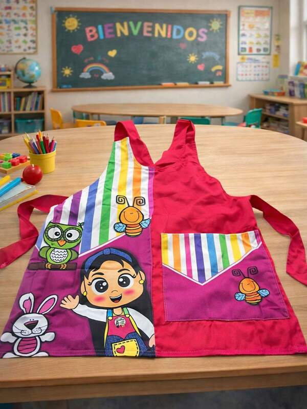 Bata para educadora con bolsa delantera, diseño sublimado.