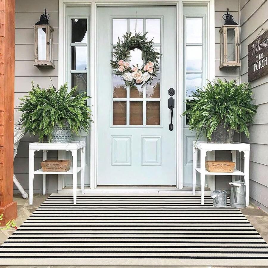 IOHOUZE Black Beige Striped Rug -4'x6' Front Door Rugs Outdoor, Washable Area Rug For Double Front Porch, Large Patio Rug Outdoor Indoor, Doormat For Entryway Porch Entrance,One-Size,LightBeigeFFBlackssstripe4x6Rectangular - LightBeigeFBlacksstripe4x6Rectangular - View 1