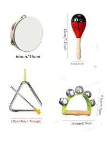 木制奥尔夫乐器玩具收纳袋，音乐启蒙打击乐器，铃铛，木制沙锤，三角铁，手鼓等。 - 彩色 - 查看 3