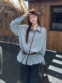 Striped Chic Blouse For Women, French Design Long Sleeve Shirt Tops, Autumn - Blue - View 4