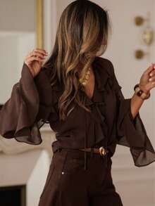 Women's Elegant Design Long Sleeve Shirt, Ruffled Collar, Pleated Front, Drawstring Cuffs, Lightweight Drape Fabric, Suitable For Business, Casual, Office, Daily, Airport, Single Party, Holiday Wear, Spring/Summer - Coffee Brown - View 1