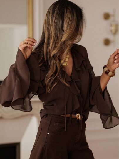 Camisa de mujer de diseño elegante de manga larga, cuello con volantes, frente plisado, puños con cordón, tela liviana y fluida, adecuada para negocios, casual, oficina, diario, aeropuerto, fiesta individual, uso en vacaciones, primavera/verano