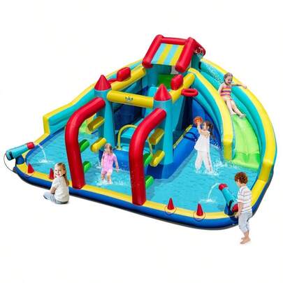Inflatable Water Park W/Climbing Wall Splash Pool Water Cannons Blower Excluded