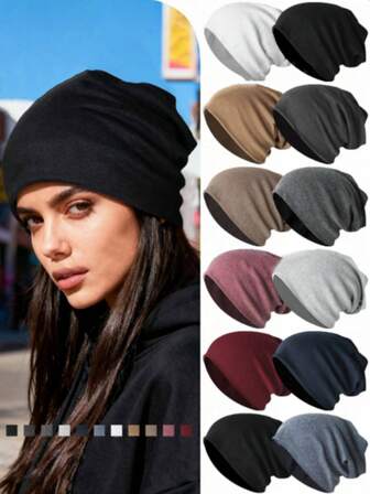 1pc Women Casual Solid Color Elastic Beanie Hat, Versatile & Fashionable