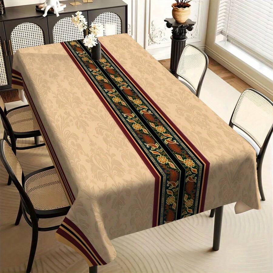 Elegant European Style Tablecloth With Ornate Runner Pattern - Beige Polyester, Rectangular Dining Table Cover For Home, Parties, And Holiday Decor, Table Decor - Nhiều màu - Xem 1