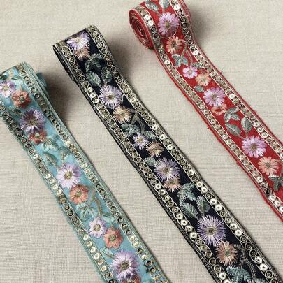 Dây ren thêu hoa phong cách Bohemian cổ điển rộng 1/5 inch, 4cm, đính kim sa vàng, ruy băng satin họa tiết hoa, thích hợp cho các dự án may vá thủ công, trang trí quần áo, dây đeo túi xách và phụ kiện trang trí nhà cửa.