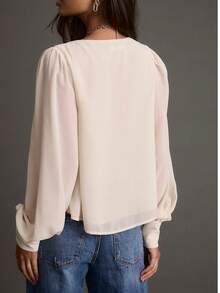 Áo kiểu tay dài cổ chữ V bèo nhún, màu trơn, đính hạt ngọc trai giả, phong cách thường ngày, thích hợp cho mùa xuân. - Ngà voi - Xem 7