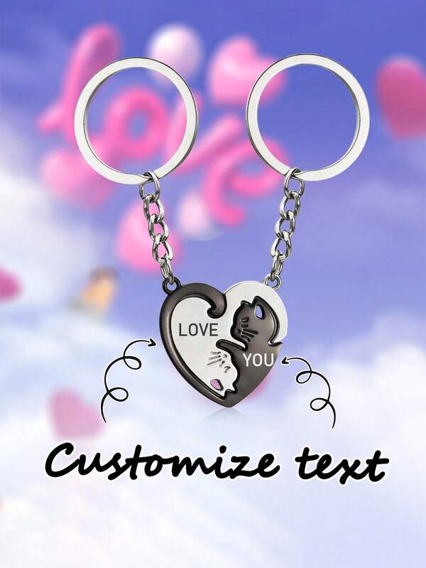 1 Peça Chaveiro de Gato em Metal com Coração Personalizado e Gravação a Laser, Chaveiro de Gato Entrelaçado para Casais, Texto Personalizável, Pingente Decorativo para Mochila, Pequeno Presente de Festa de Feriado para Família, Amigos, Casais