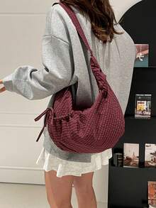 Japanese Style Plaid One Shoulder Bag, Fashion Pleated Bowknot Zipper Closure Crossbody Bag, School/College/University Student Lightweight Foldable Cloth Bag, Suitable For Shopping, Daily Commute, Crescent Moon Bag