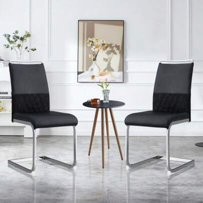 Modern Esszimmerstühle 2er Set, Rückenlehne Aus PU Kunstleder Und Leinen, Hoher Rücken Gepolstert Side Chair, Querstreifen Rückenlehne Design Für Esszimmer, Küche, Gast Bürostuhl, Schwarz