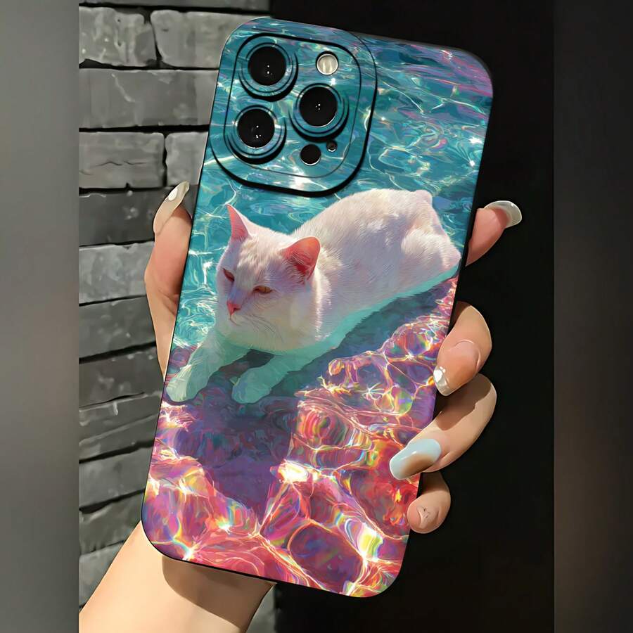 2026 nueva funda de teléfono esmerilada, funda de teléfono con impresión de gato en piscina para iPhone 17 14 13 12 11 Pro Max Se 2020 Galaxy S23 S22 S21 S20 Note 20 10, funda protectora para teléfono, regalo de pareja para novio y novia, presente de vacaciones - Negro - Ver 1