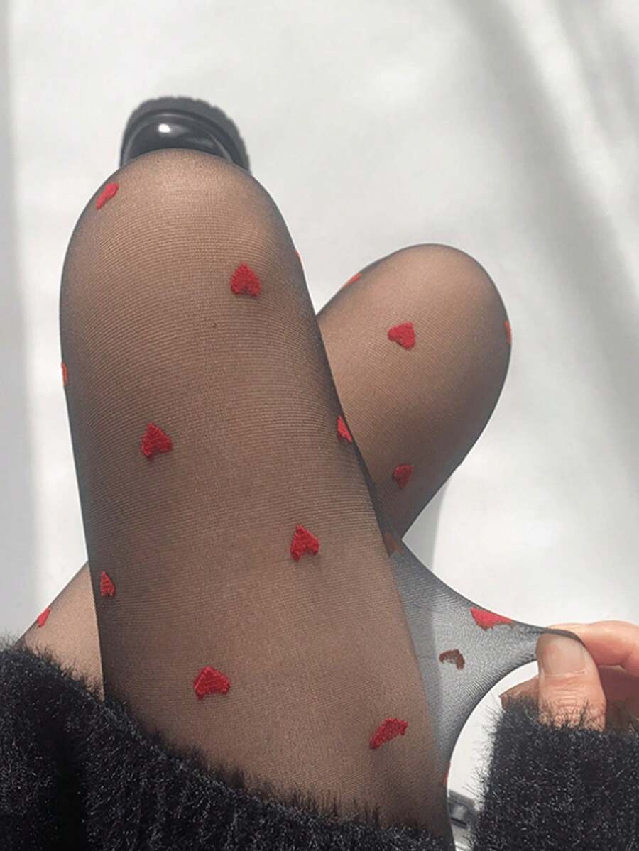 两双轻薄性感的心形图案时尚女式紧身裤,修身设计,适合舞蹈表演、角色扮演派对、夜店装扮、新年庆祝活动和情人节日常穿着。 - 黑色 - 查看 1