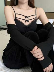 女士蝴蝶结蕾丝吊带背心，夏季外套 - 黑色 - 查看 8