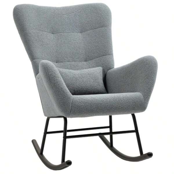 Cadeira de balanço HOMCOM com apoios de braço, encosto em tecido macio, almofada lombar e bolso lateral, ideal para a sala de estar ou quarto. Também adequada para amamentação. Cor: cinza.