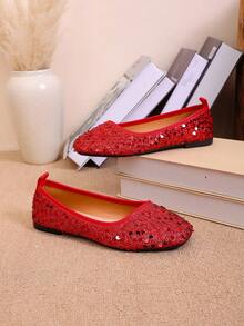 New Women Flat Sequin Square Toe Fashion Casual Breathable Non-Slip Practical Minimalist Beach Outdoor Daily Wear Shoes - Red - View 6