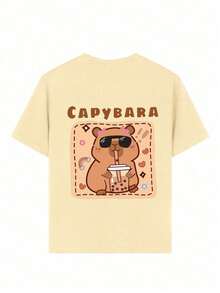 Young Girl Casual Graphic Print Crew Neck Short Sleeve T-Shirt, Summer Top - Apricot - View 6