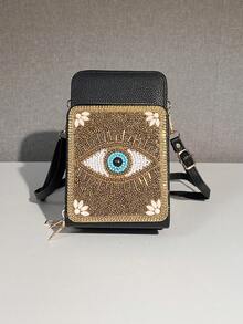 波西米亚神秘之眼三层拉链钱包，女士多层斜挎包，多功能手机袋，大容量可分别收纳手机、钥匙、口红和其他日常必需品 - 金色 - 查看 3