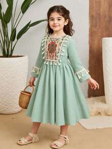 Young Girls' New Middle Eastern Chiffon Patchwork Geometric Pattern Tassel Trim Fitted Long Sleeve Dress - Mint Green - View 1