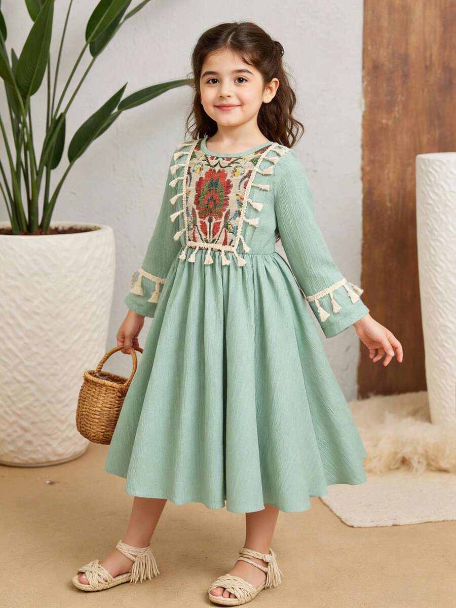 Young Girls' New Middle Eastern Chiffon Patchwork Geometric Pattern Tassel Trim Fitted Long Sleeve Dress - Mint Green - View 1