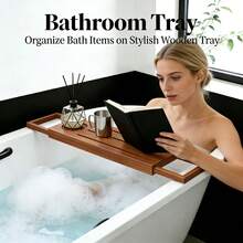 1pc Expandable Bamboo Bathtub Tray | Wine Holder, Phone Slot & Bookrest, Anti-Slip Design, Foldable For Easy Storage
