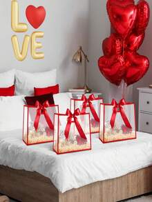 20/10个装可重复使用透明塑料礼品袋，带提手和丝带，PP材质，适用于情人节、婚礼、新娘送礼会、生日、洗礼、性别揭晓派对和小规模商务活动，有两种尺寸可选（红色） - 彩色 - 查看 4