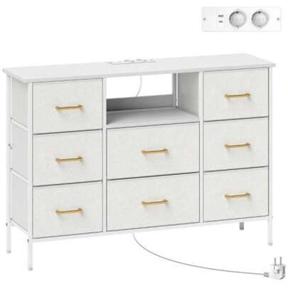 Chest Of Drawers, 8 Fabric-Covered Storage Unit, Power Strip, Steel Frame, Ideal For The Entryway, Bedroom, Living Room And Office, Cream White