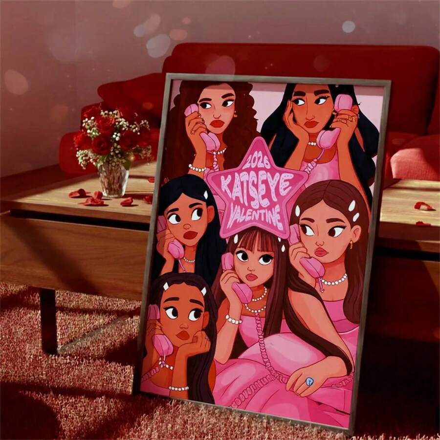 1 Stück KATSEYE Valentine Kunstdruck, 2026 Retro Mädchen Gruppe Poster, Rosa ästhetisches Telefon Wanddekoration, süßes Fangeschenk für Eyekons, Wandkunst, Wanddekoration, moderne minimalistische Stil Poster, Wohnzimmer und Zimmer Dekoration, Badezimmer Dekoration, ideales Geschenk, ohne Rahmen - Verschiedenfarbig - Übersicht 1