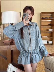 Striped Chic Blouse For Women, French Design Long Sleeve Shirt Tops, Autumn - Blue - View 3