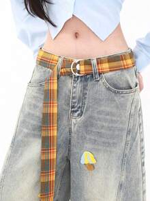 Cartoon Embroidered Plaid Belt Jeans, New Design Barrel Leg Jeans (With Belt) - Light Wash - View 8