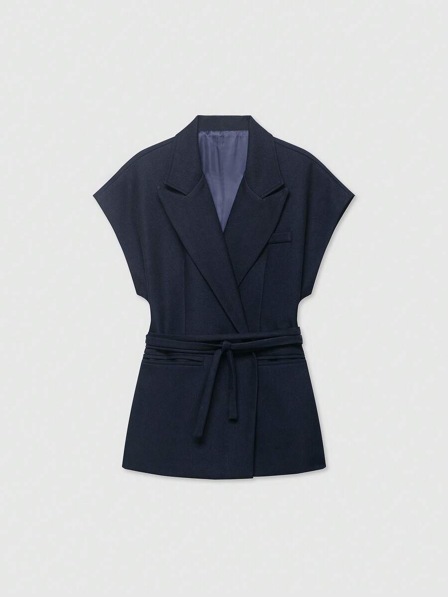 Women's Solid Color Lapel Neck Tie Blended Jacket Spring - Navy Blue - View 1