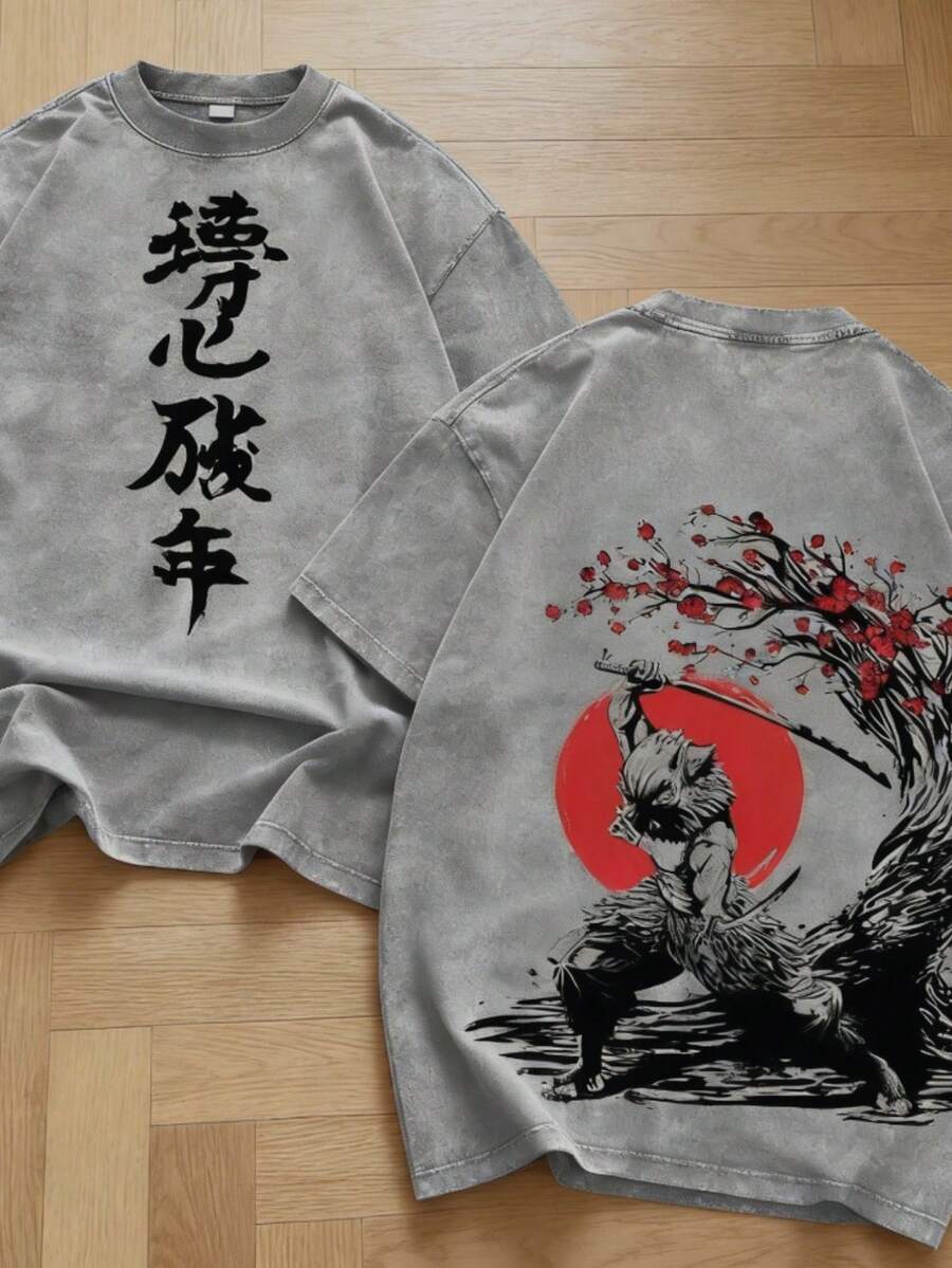 Retro-Style Comic/Anime T-Shirt, Training Edition - Double-Sided Printed T-Shirt, Casual Washed Cotton Men's T-Shirt, Gift For Anime Fans, Otaku T-Shirt, Gothic Y2K Top,  Streetwear. - 灰色 - 查看 1