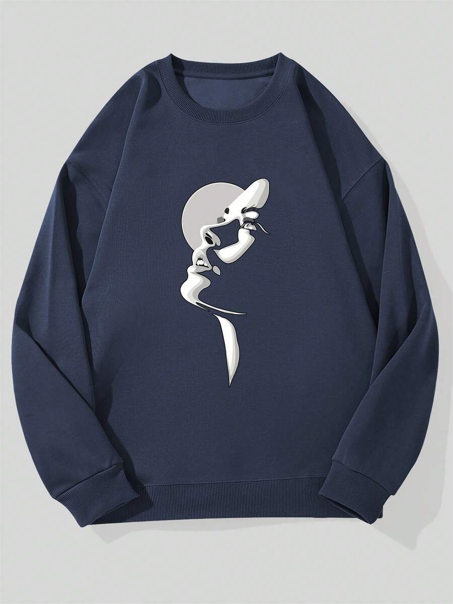 Sudadera Casual de Cuello Redondo con Patrón Abstracto para Hombre - Azul Marino - Ver 1