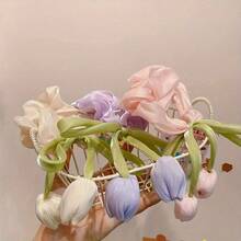 1-Piece Set/New Sweet And Versatile Tulip Flower Large Intestine Headband With High-End Temperament, Headband Tied High Ponytail Hair Accessory - 米色 - 查看 4