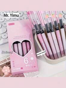 6支装高性价比粉桃泡泡直筒液体水果凝胶笔，适合学生和上班族使用，0.5mm黑色签名笔 - 粉色 - 查看 7