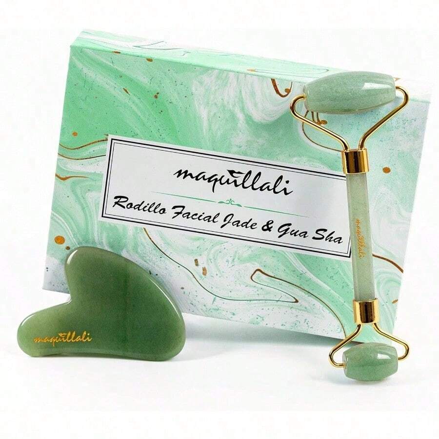 Kit de Rodillo de Jade y Gua Sha Masajeador Facial y Corporal Jade Roller VERDE - como en la foto - Ver 1