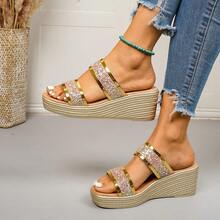 Dép xăng đan slip-on mới năm 2026 dành cho nữ, dép cao gót lấp lánh, dép đi biển, dép mùa hè. - Vàng - Xem 3